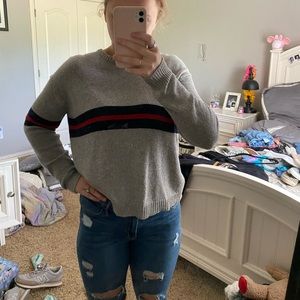 grey with blue and red stripes